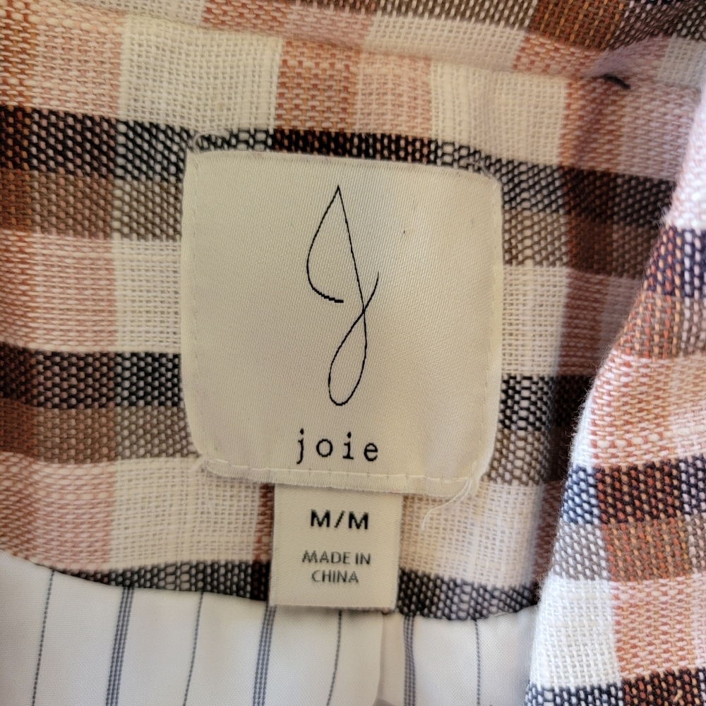 Joie Plaid Womens Cotton Blend Button Lined Blazer Jacket Tan Cream Navy Size M - Picture 10 of 11